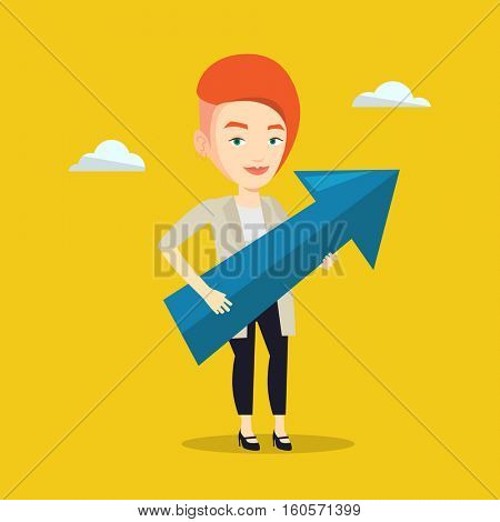 Caucasian bsiness woman thinking about the strategy of business growth. Woman holding big arrow representing business growth. Business growth concept. Vector flat design illustration. Square layout.