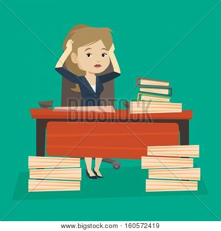 Young caucasian bsiness woman in despair sitting at workplace with heaps of papers. Stressful business woman sitting at the desk with stacks of papers. Vector flat design illustration. Square layout.