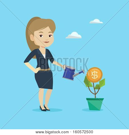 Business woman watering money flower. Caucasian woman investing in business project. Illustration of investment money in business. Investment concept. Vector flat design illustration. Square layout.