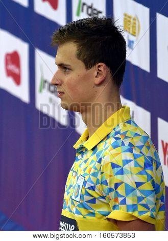 Hong Kong China - Oct 29 2016. The winner ROMANCHUK Mykhailo (UKR) at the Victory Ceremony of the Men's Freestyle 400m. FINA Swimming World Cup Victoria Park Swimming Pool.