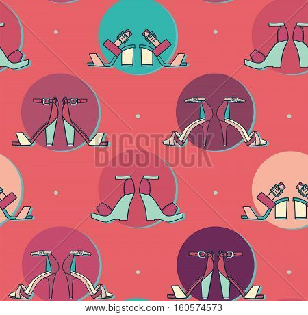 Bright vector illustration with sandals pairs in colorful circles on pink background in seamless pattern design. Hand drawn texture good for fashion and footwear design tileable creative