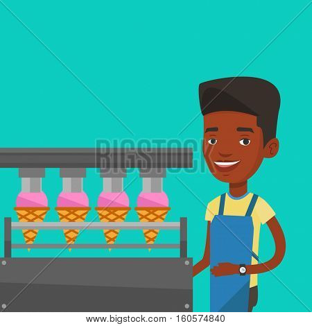 African-american worker of ice cream manufacture. Worker of factory producing ice-cream. Confectioner working on automatic production line of ice cream. Vector flat design illustration. Square layout.
