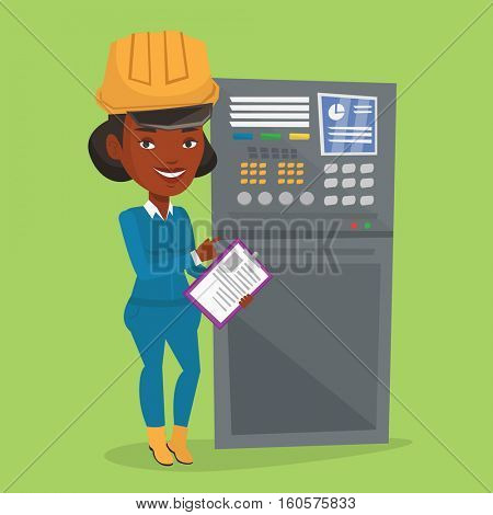 African-american woman working on control panel. Worker pressing button at control panel. Engineer with clipboard standing in front of the control panel. Vector flat design illustration. Square layout