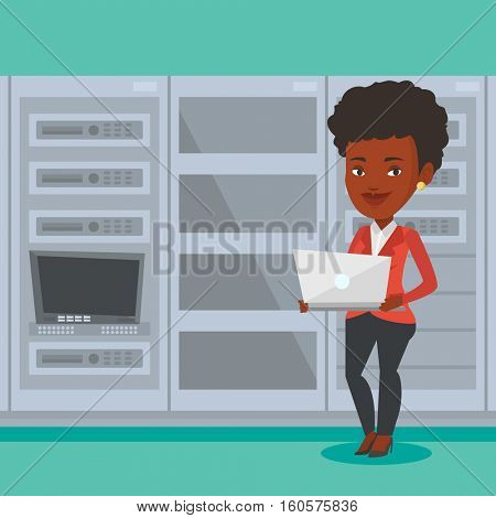 An african engineer with laptop working in network server room. Engineer standing in network server room. Network engineer using laptop in server room. Vector flat design illustration. Square layout.
