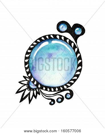 Watercolor blue gems on white background. Zentangle with gems. Hand drawn illustration