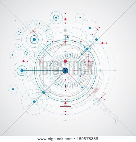 Mechanical scheme blue vector engineering drawing with circles and geometric parts of mechanism. Technical plan can be used in web design