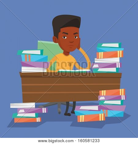 Young angry student studying with textbooks. An african-american annoyed student studying hard before the exam. Bored student studying in the library. Vector flat design illustration. Square layout
