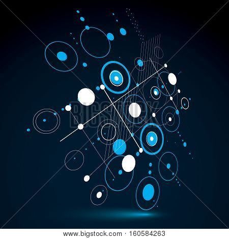 3d vector Bauhaus abstract background made with grid and overlapping simple geometric elements circles and lines. Retro style artwork in blue color graphic template for advertising poster.