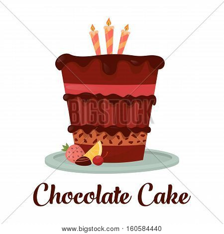 Anniversary dessert cake with chocolate and lemon, candy and cherry, strawberry and lighting candle on top. Gift cartoon cake for celebration and birthday event, stand cake logo or banner