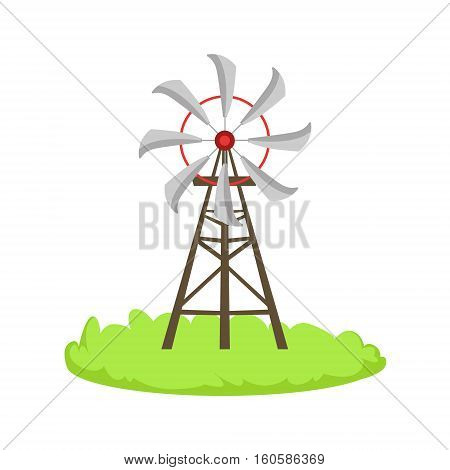 Energy Windmill Structure Cartoon Farm Related Element On Patch Of Green Grass. Colorful Vector Illustration With Farming And Rancho Associated Isolated Object.