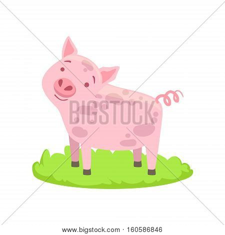 Pig Farm Animal Cartoon Farm Related Element On Patch Of Green Grass. Colorful Vector Illustration With Farming And Rancho Associated Isolated Object.