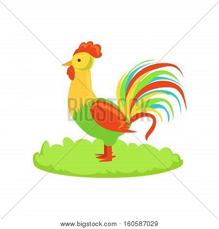 Rooster Farm Bird Cartoon Farm Related Element On Patch Of Green Grass. Colorful Vector Illustration With Farming And Rancho Associated Isolated Object.