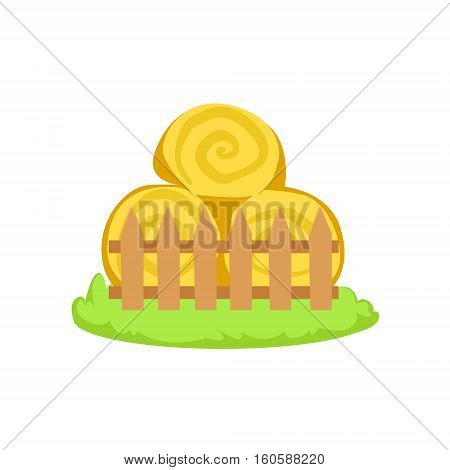 Pile Of Stacked Hay Rolls Cartoon Farm Related Element On Patch Of Green Grass. Colorful Vector Illustration With Farming And Rancho Associated Isolated Object.