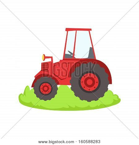 Red Farm Truck Cartoon Farm Related Element On Patch Of Green Grass. Colorful Vector Illustration With Farming And Rancho Associated Isolated Object.