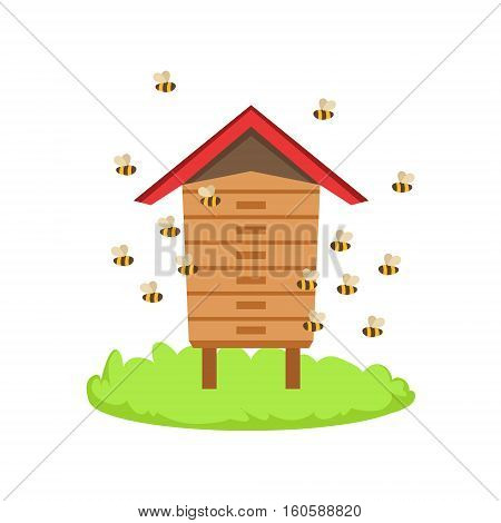 Bees Around Wooden Beehive Cartoon Farm Related Element On Patch Of Green Grass. Colorful Vector Illustration With Farming And Rancho Associated Isolated Object.