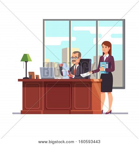 Business executive with a secretary at his desk giving a paper for a signature. Flat style modern vector illustration.