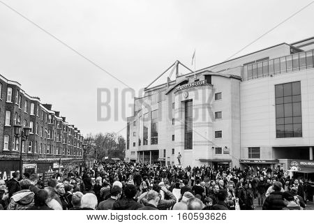 LONDON, UNITED KINGDOM - 22 NOVEMBER 2014: The outside view of Stamford Bridge, the home ground of Chelsea Football Club. Photo taken before premier league clash between Chelsea and West Brom.