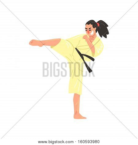 Karate Professional Fighter In Kimono With Black Belt Doing Sidkick With Bended Leg Cool Cartoon Character. Martial Arts Sportsman With Ponytail Demonstrating Classic Kick Technique Vector Illustration.