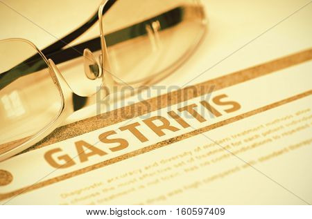 Gastritis - Medicine Concept with Blurred Text and Pair of Spectacles on Red Background. Selective Focus. 3D Rendering.