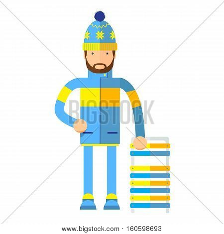 flat man with sled.isolated on white background.