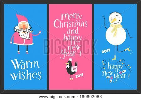 Holiday cards - Marry Christmas and Happy New Year. Rooster the symbol of 2017. ?heerful snowman on skates