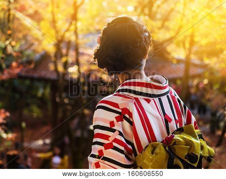 Kimono Girl Enjoy Autumn Foliage At Eikando, Kyoto