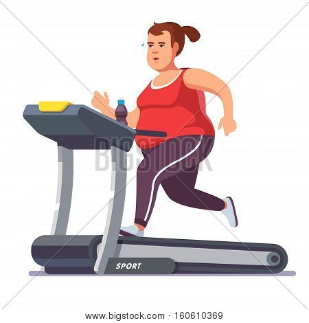 Obese young woman running on treadmill. Girl working out in sweat to get rid of fat belly. Flat style modern vector illustration.