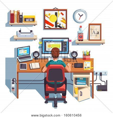 Professional designer working on a site project at his big desk with laptop computer and big display accompanied by drawing pen tablet. Flat style color modern vector illustration.