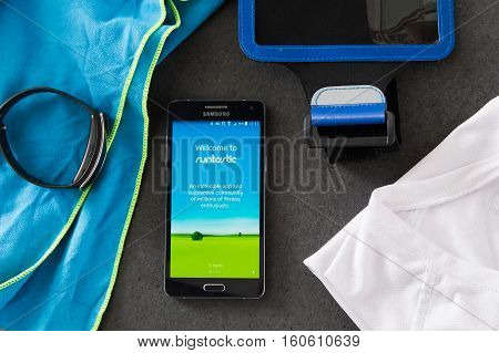 WROCLAW POLAND - DECEMBER 06th 2016: Samsung A5 with Runtastic application. Runtastic is an Austrian mobile fitness company that combines traditional fitness with mobile applications