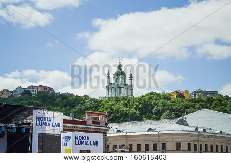 Kiev, Ukraine - May 25, 2013: View of St Andrew's Church on a hill called Andriyivskyy Descent