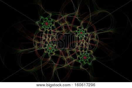 abstract delicate green flowers with a red background in the middle of the twisted stems of red and brown on a black background