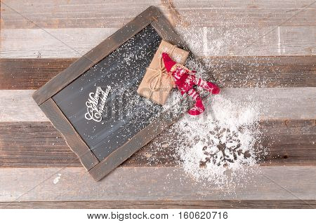 Christmas decoration and gift with chalk blackboard for greeting Merry Christmas