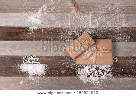 Christmas decoration gift boxes on wooden background