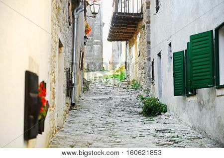 Street view in the city of Hum known as the smallest city in the world in Croatia.
