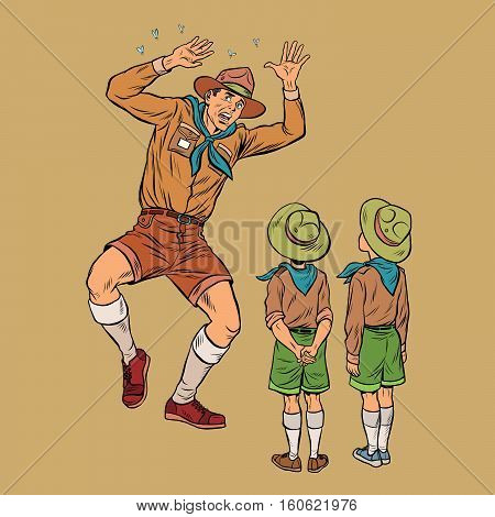 The scoutmaster is afraid of insects. Pop art retro vector illustration. Scouts children