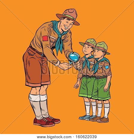 scoutmaster shows little insect to young scouts. Pop art retro vector illustration. Nature and science