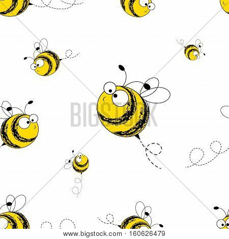 Bees seamless pattern. Vector illustration. Image of flying bees. Funny bees on a white background.