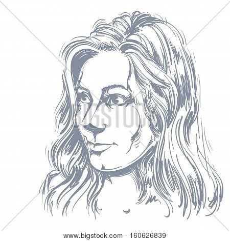 Vector Portrait Of Attractive Caucasian Woman With Long Wavy Hair, Illustration Of Good-looking Fema
