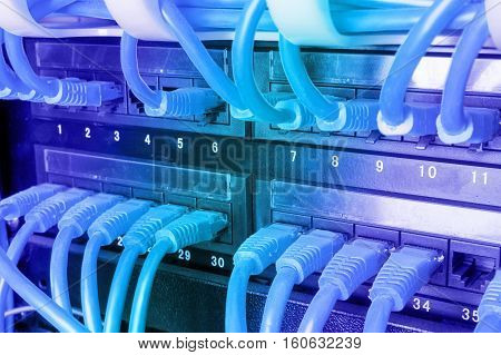Server rack with blue internet patch cord cables connected to patch panel in server room. Gradient
