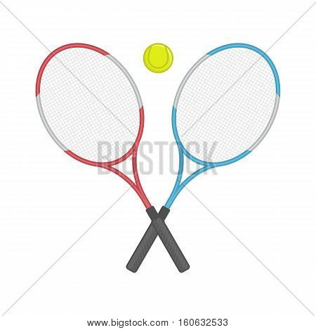 Two crossed racket and tennis ball illustration in modern flat style. Tennis club logo isolated vector.
