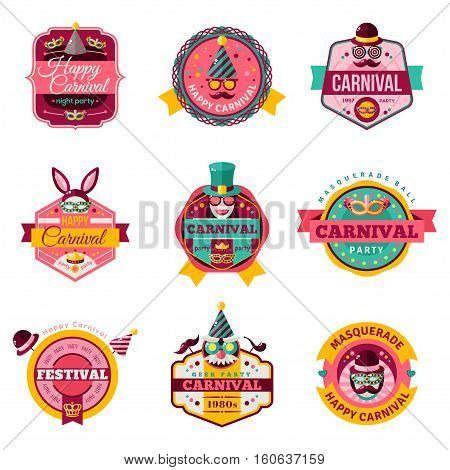 Set Of Vintage Carnival Badges and Labels. Ribbons, Flat Icons and Other Elements. Vector illustration. Rabbit Ears, Detective Hat and Pipe, Masks, Smiling Lips, Princess Crown.