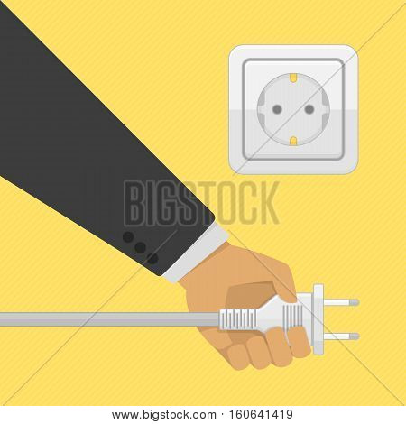 Electric power plug holding in hand illustration in flat style. Man holding electric power plug. Unplug, plugged in wall socket. Electricity concept.