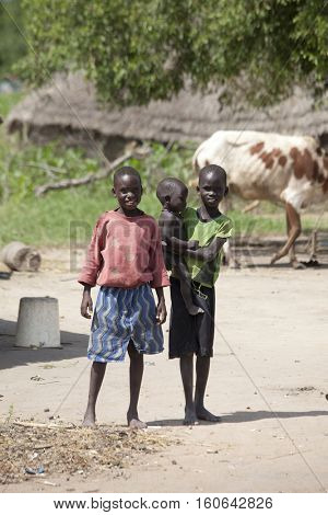 BOR, SOUTH SUDAN- JUNE 25, 2012: Unidentified children in the village of Bor, South Sudan