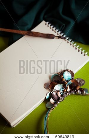 rerto background with drapery and notebook with copy space
