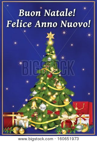 Buon Natale e felice Anno Nuovo! - New Year wishes in Italian language (Merry Christmas and Happy New Year!) - Printable Season's Greetings Card. Contains Christmas decorations: tree, baubles.