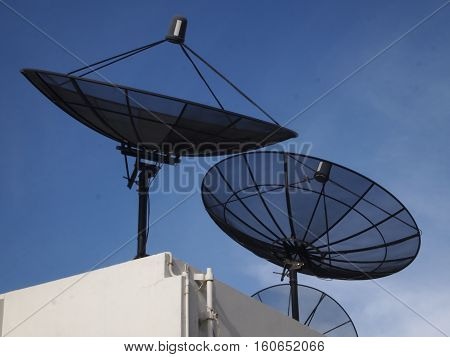 Group of Satellite dishs against clear blue sky