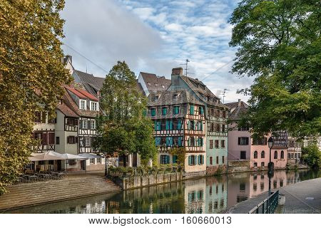 Historic houses on the embankment of the Ill river in Petite France district in Strasbourg France