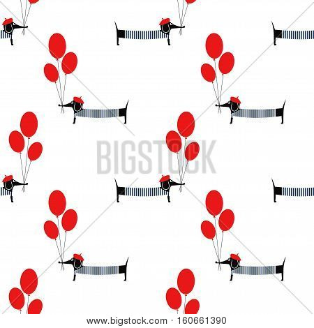Cute dog holding balloons seamless pattern on white background. Cartoon parisian dachshund vector illustration. French style dressed dog with beret and frock. Fashion design for textile, fabric, decor