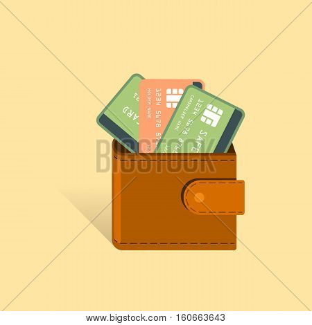 Money Cards in wallet financial vector illustration. Business and finance concept. Shopping, payment, money spending symbols.