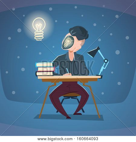 Business Man Workplace New Idea Concept Light Bulb Face Flat Vector Illustration